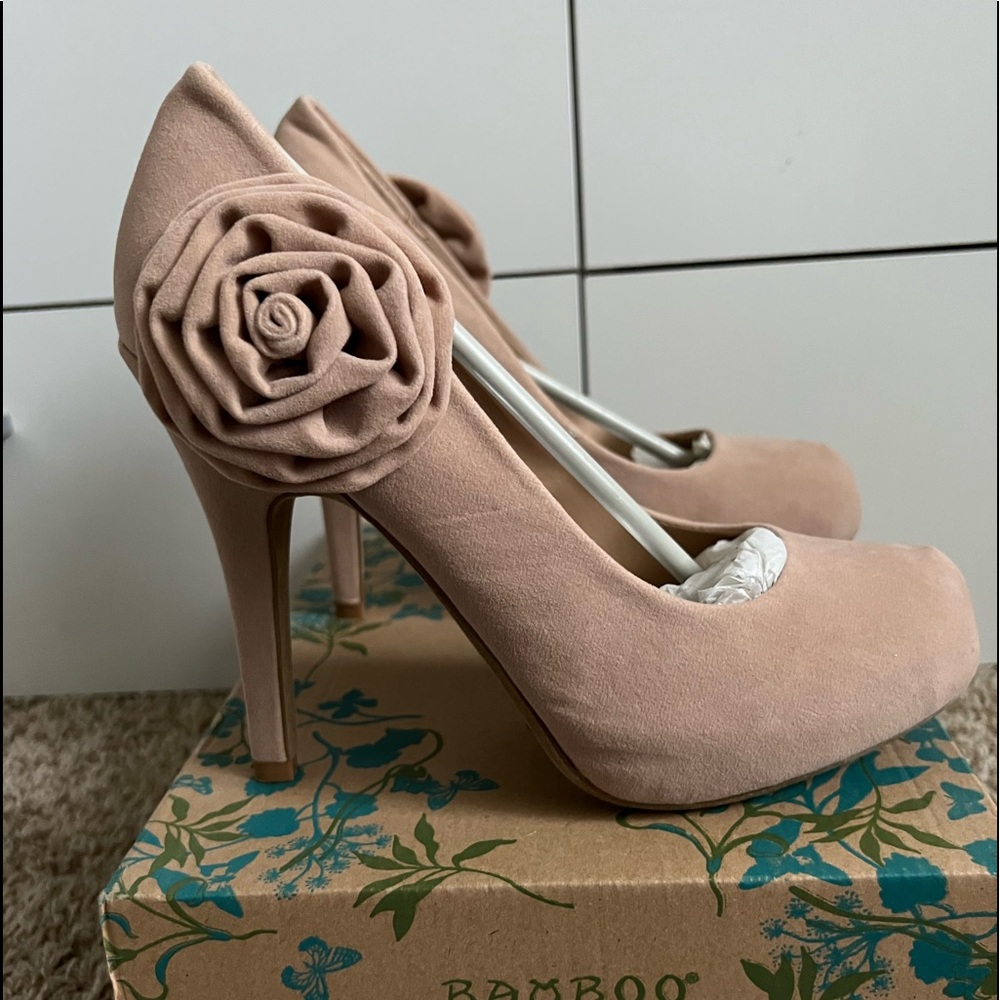 Nude suede feel heels with flower detail